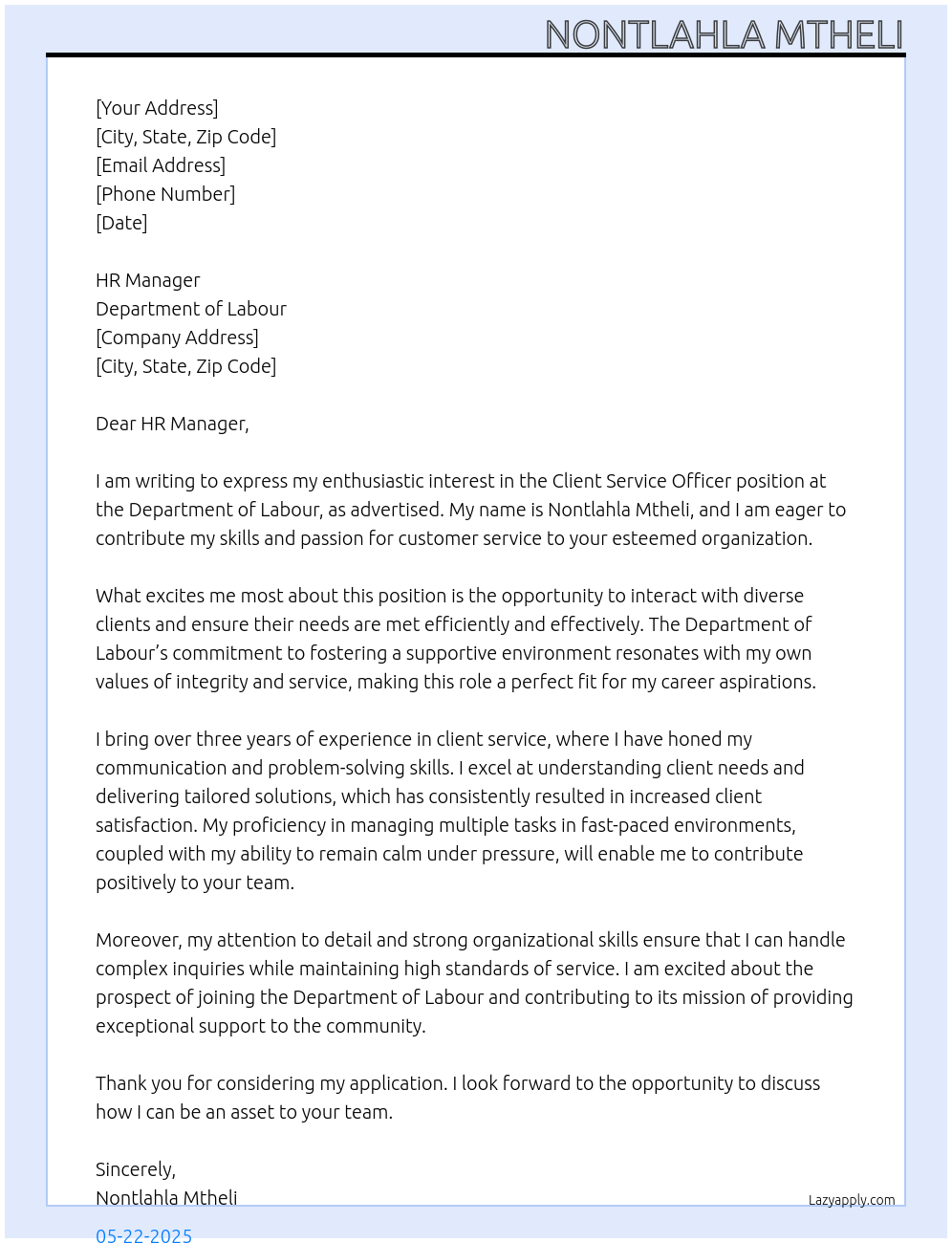 Client service officer  At Department of Labour  Cover Letter