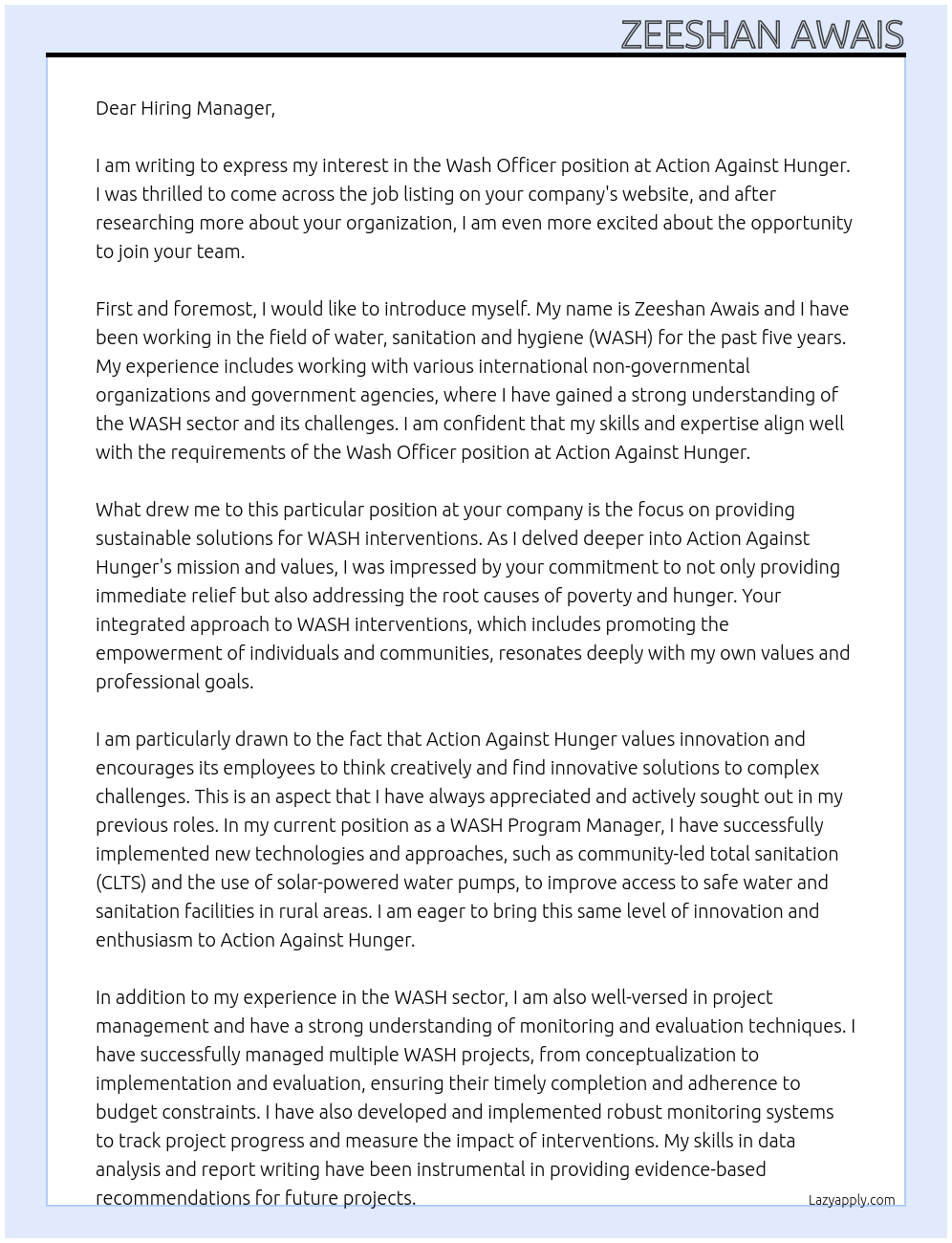 Wash Officer At Action Against Hunger Cover Letter
