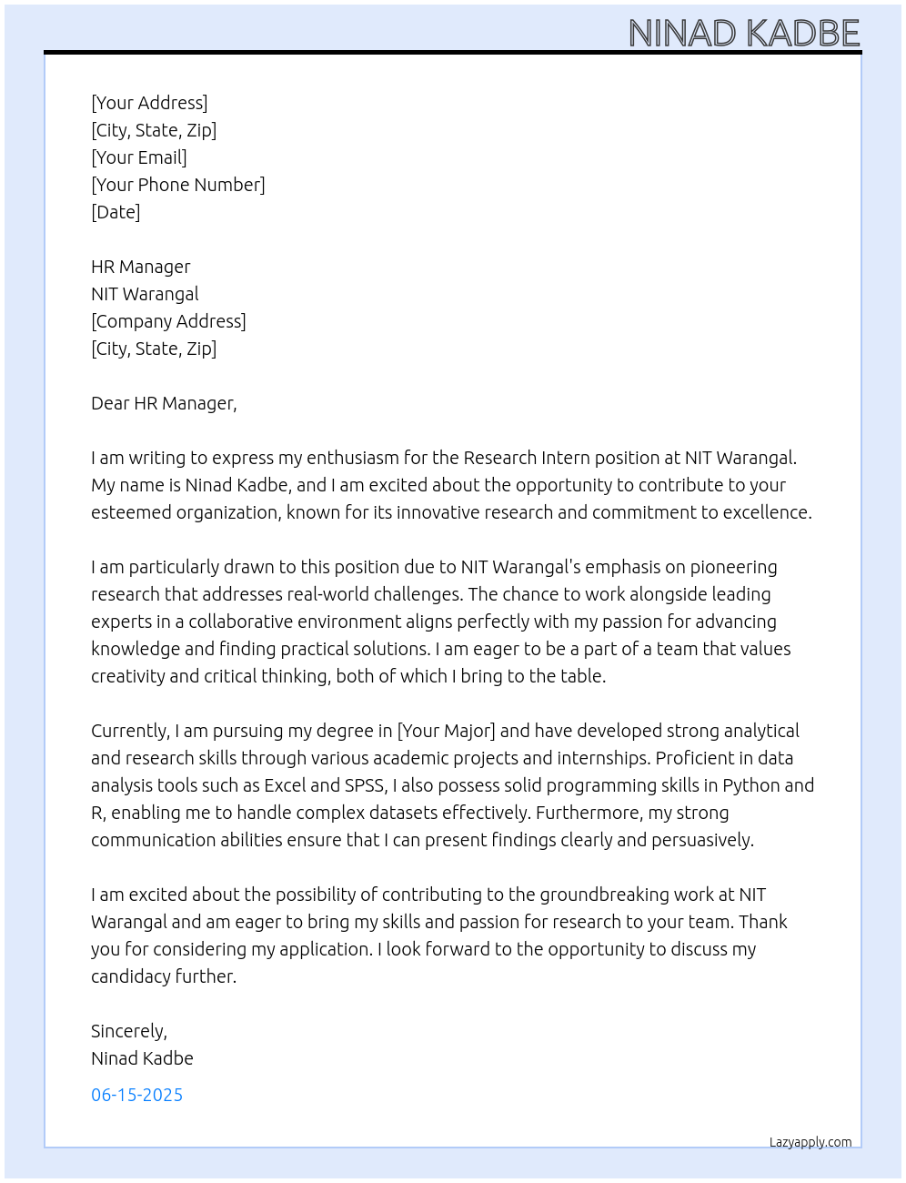 Cover letter for research intern - LazyApply