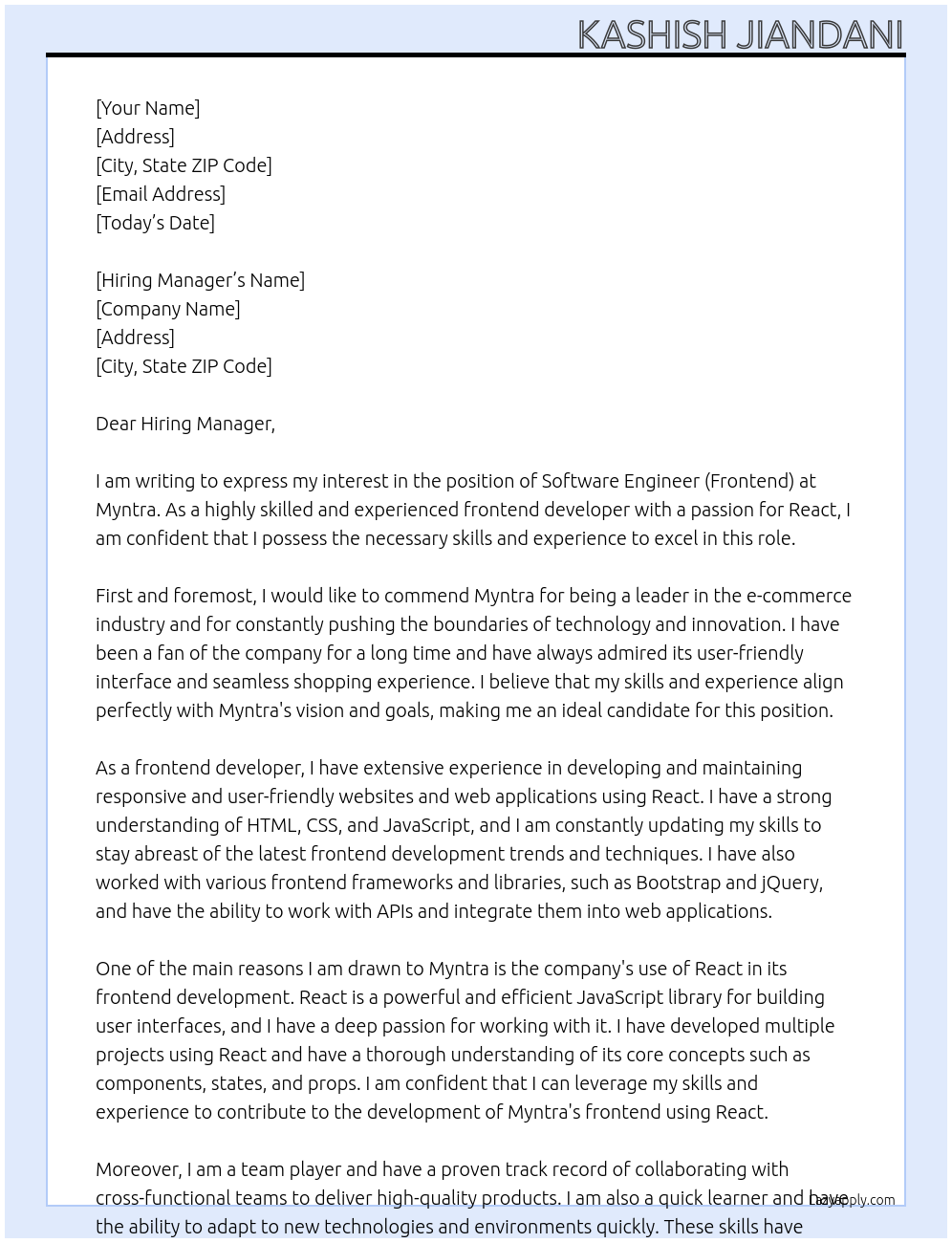 Software Engineer (Frontend) At Myntra Cover Letter