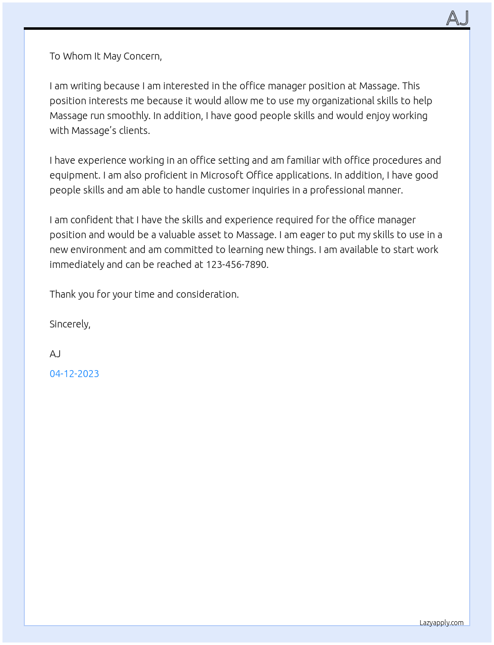 office manger At massage Cover Letter