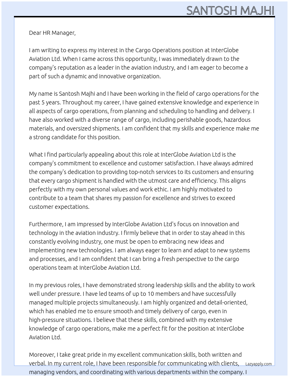 Cargo operations  At InterGlobe Aviation Ltd Cover Letter