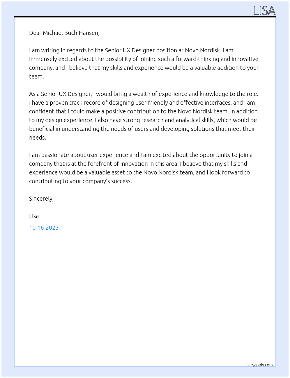 senior ux  designer At Novo Nordisk Cover Letter