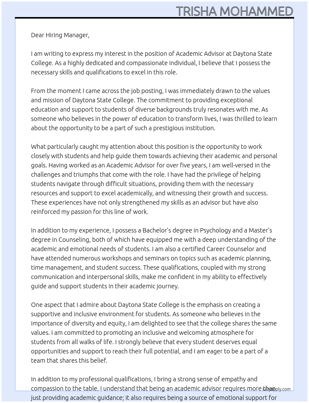 Academic Advisor At daytona state college Cover Letter