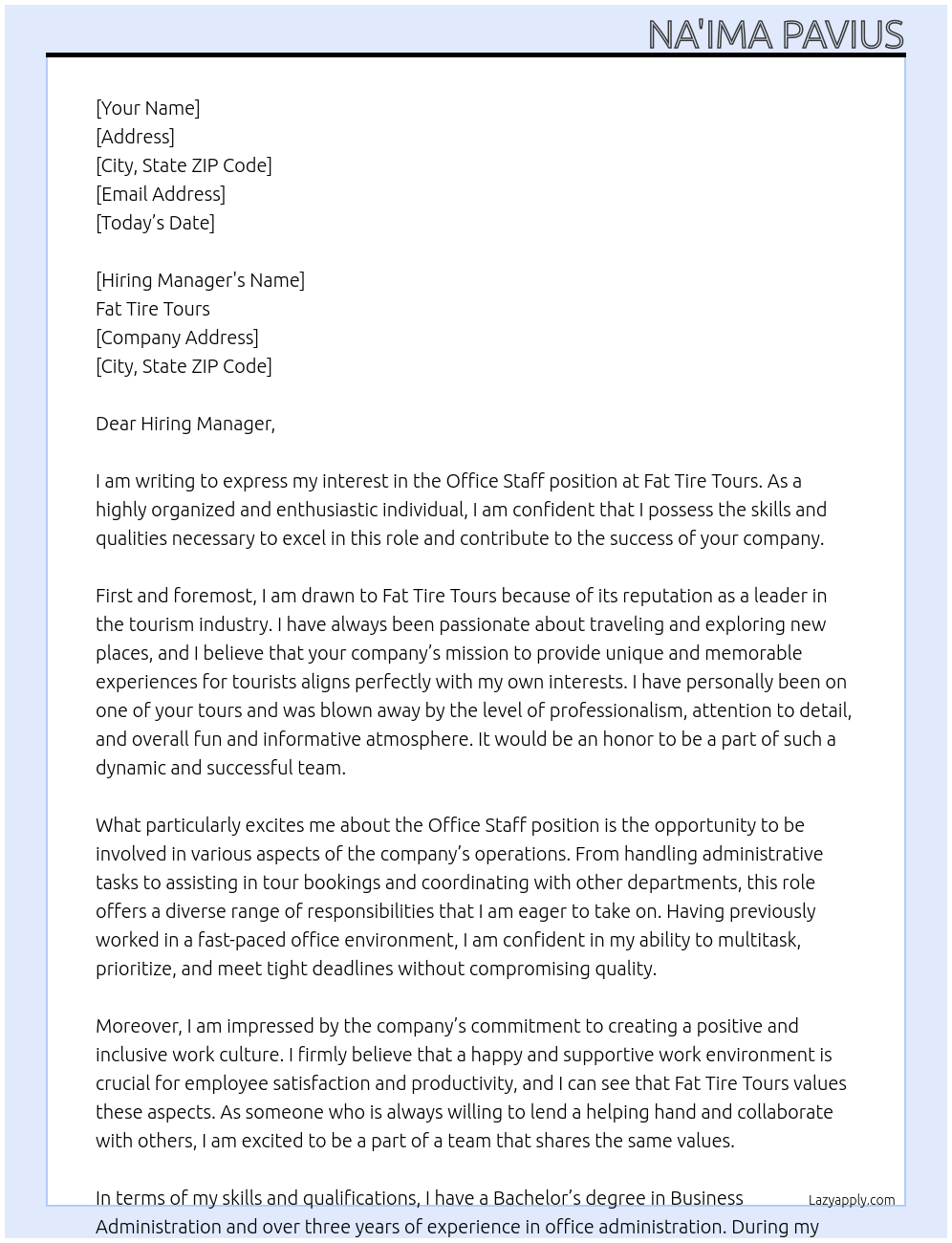 Office Staff At Fat Tire Tours Cover Letter