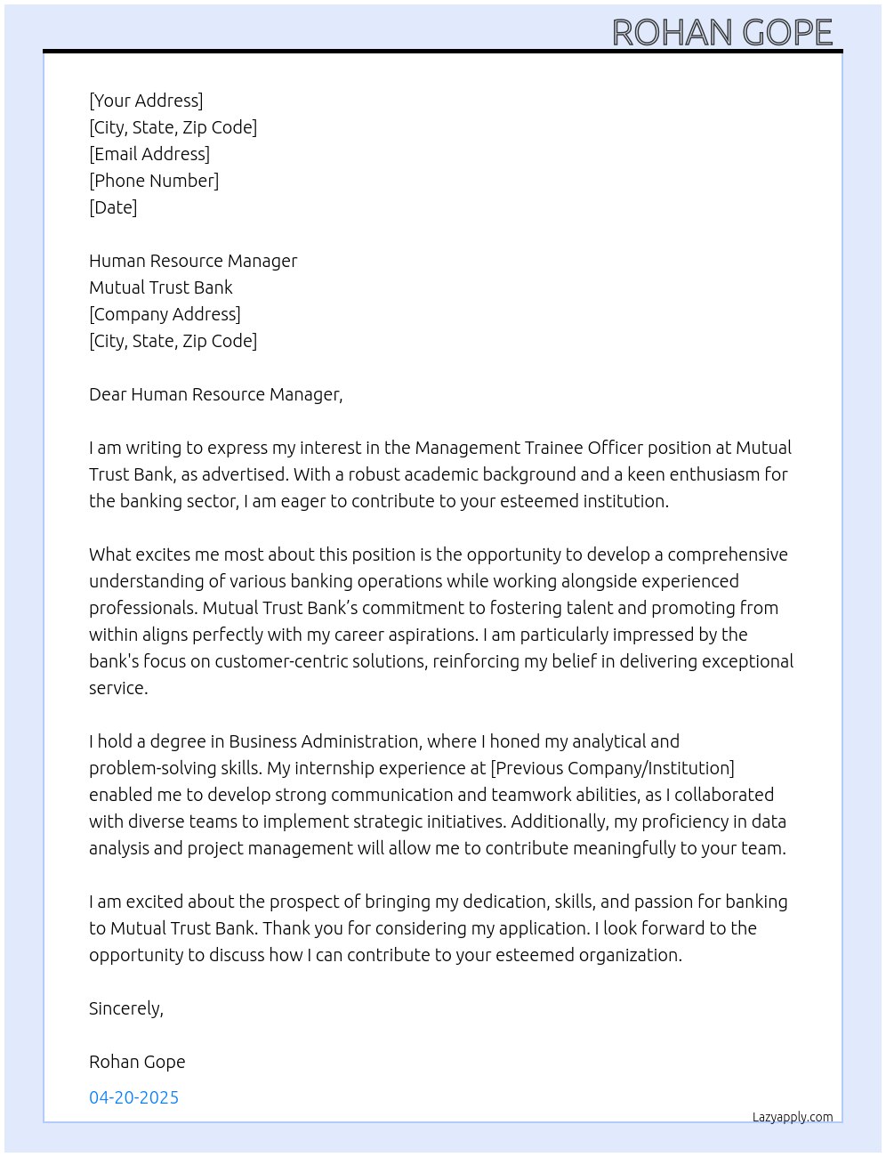 management Trainee Officer At Mutual Trust Bank Cover Letter