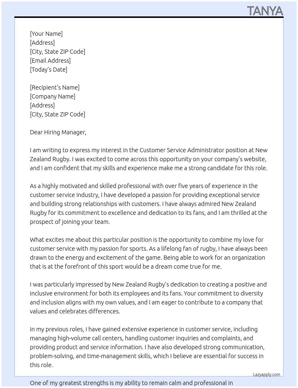 Customer service administrator  At New Zealand rugby Cover Letter
