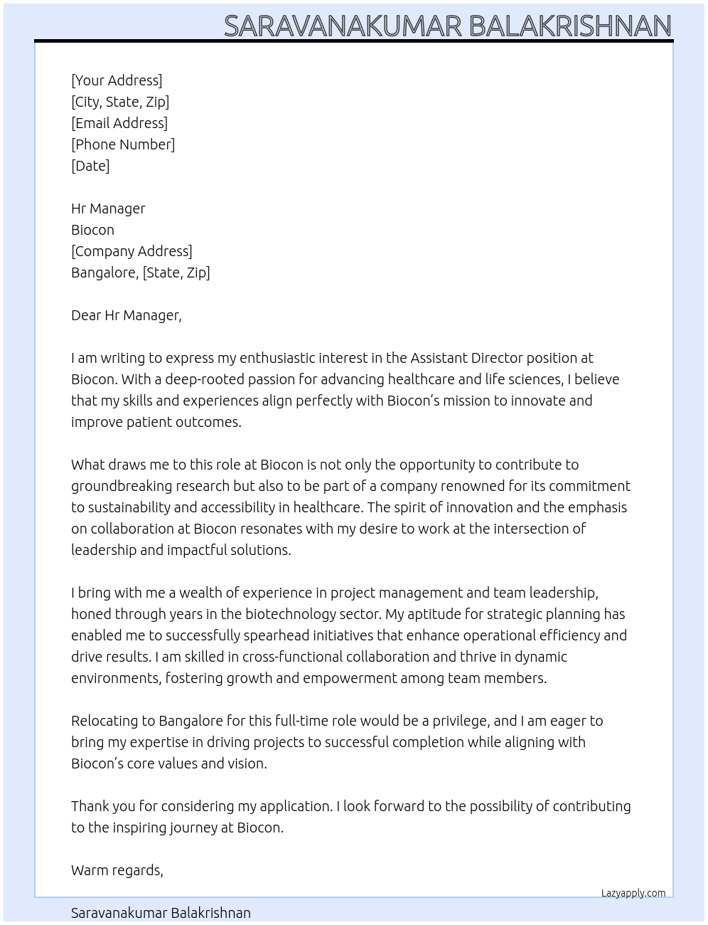 Assistant Director At Biocon Cover Letter