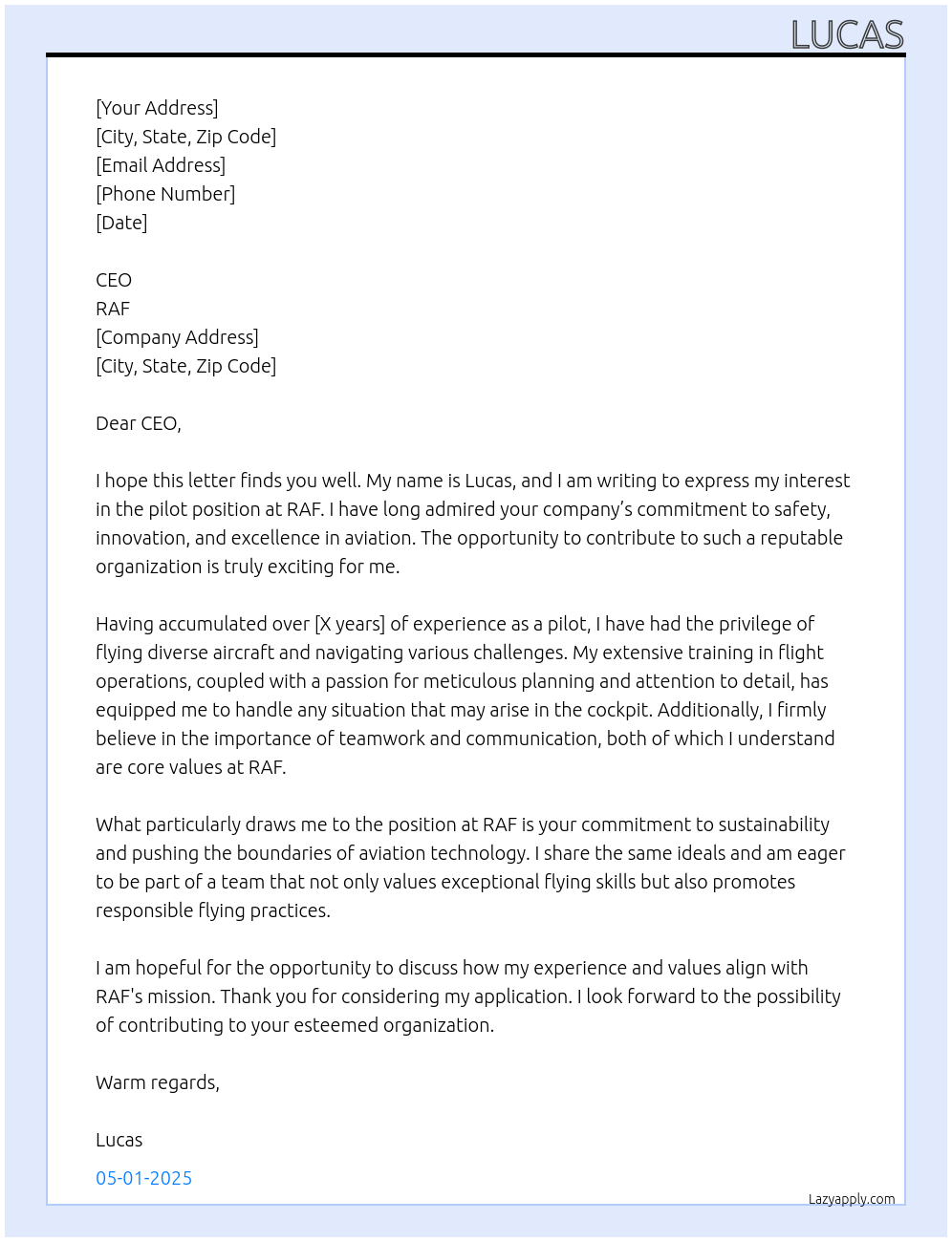 pilot At raf Cover Letter