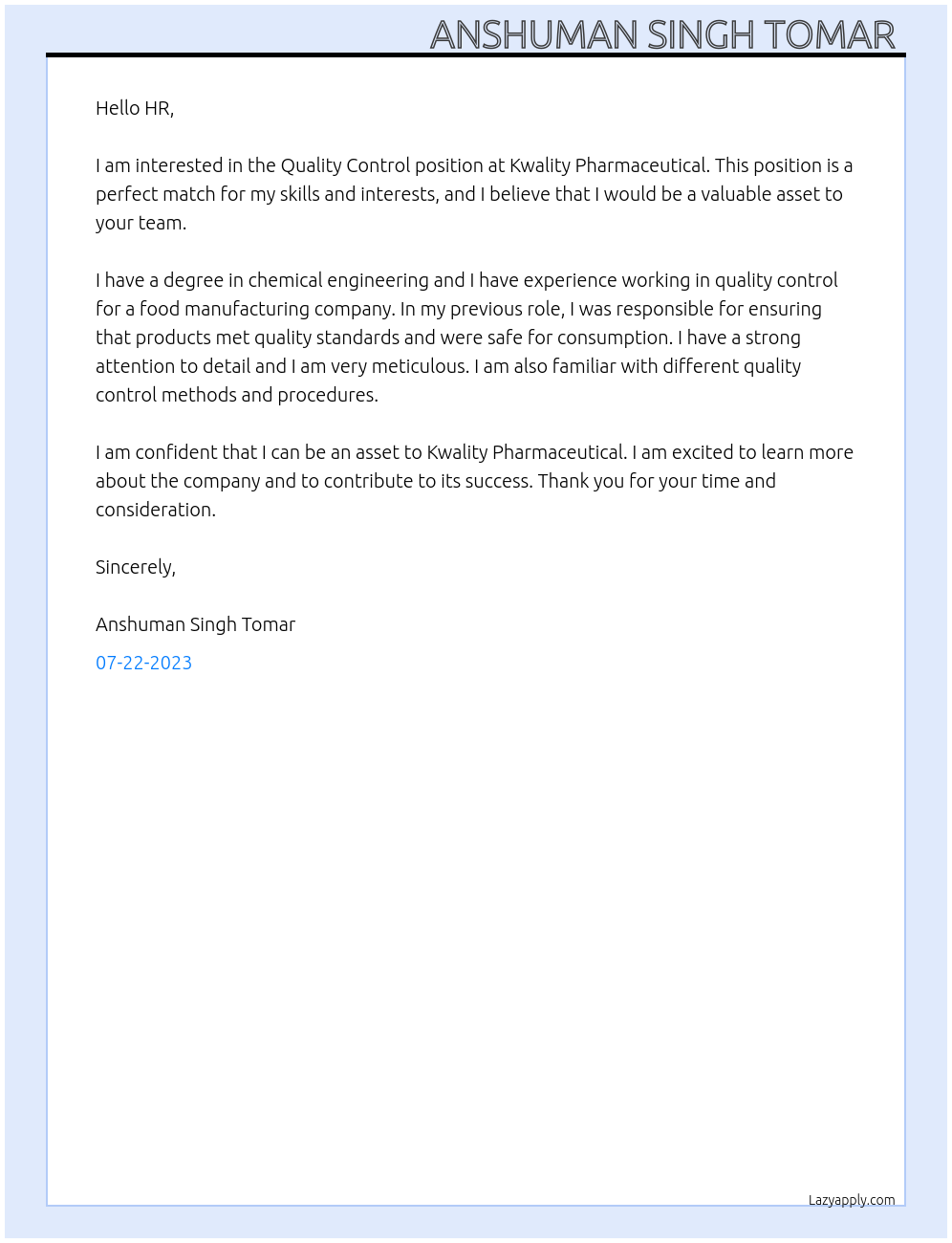 Quality control At Kwality pharmaceutical Cover Letter