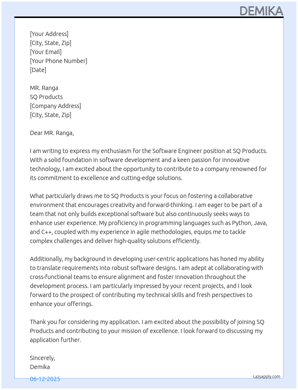 Software Engineer At SQ Products Cover Letter