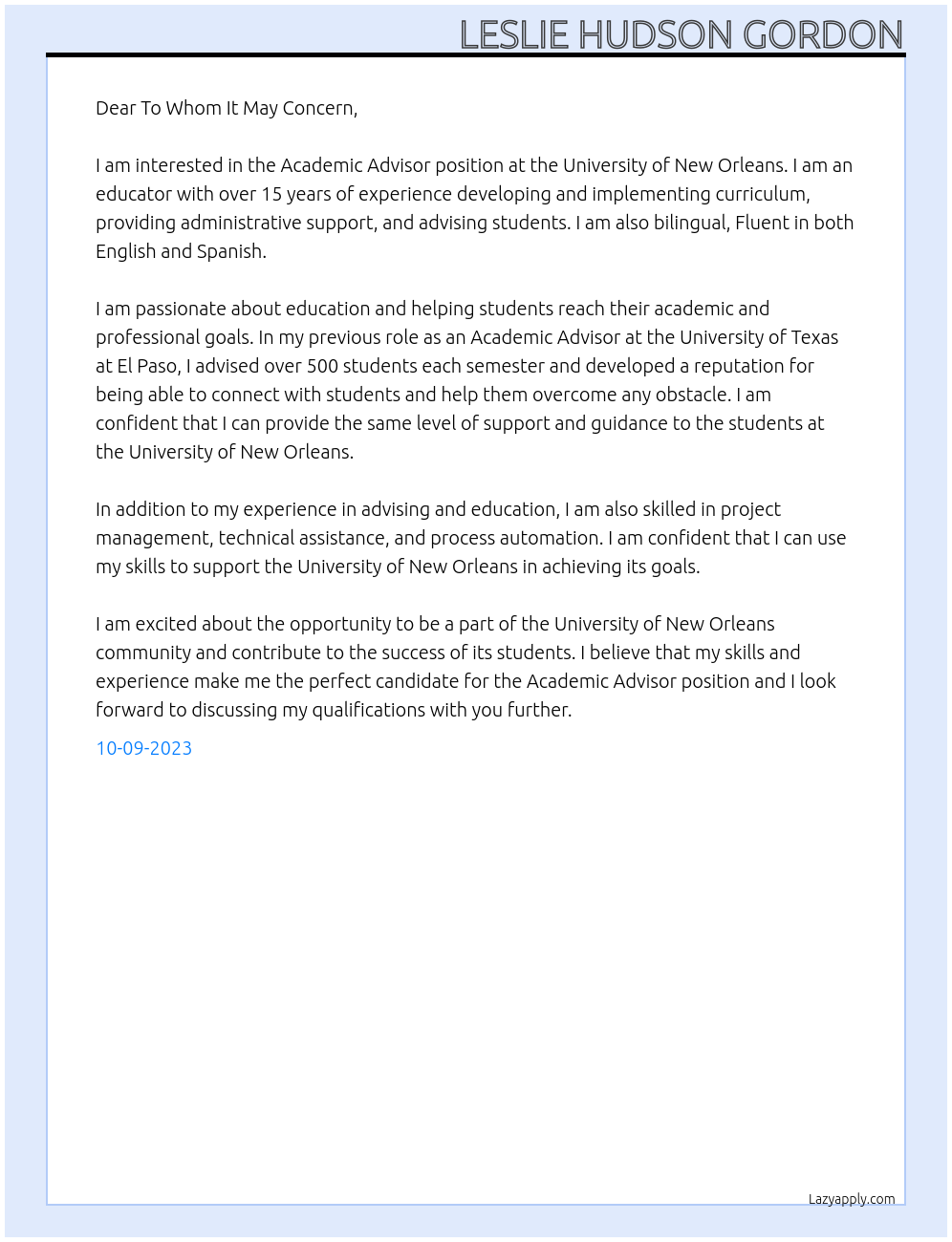 Academic advisor At University of New Orleans Cover Letter