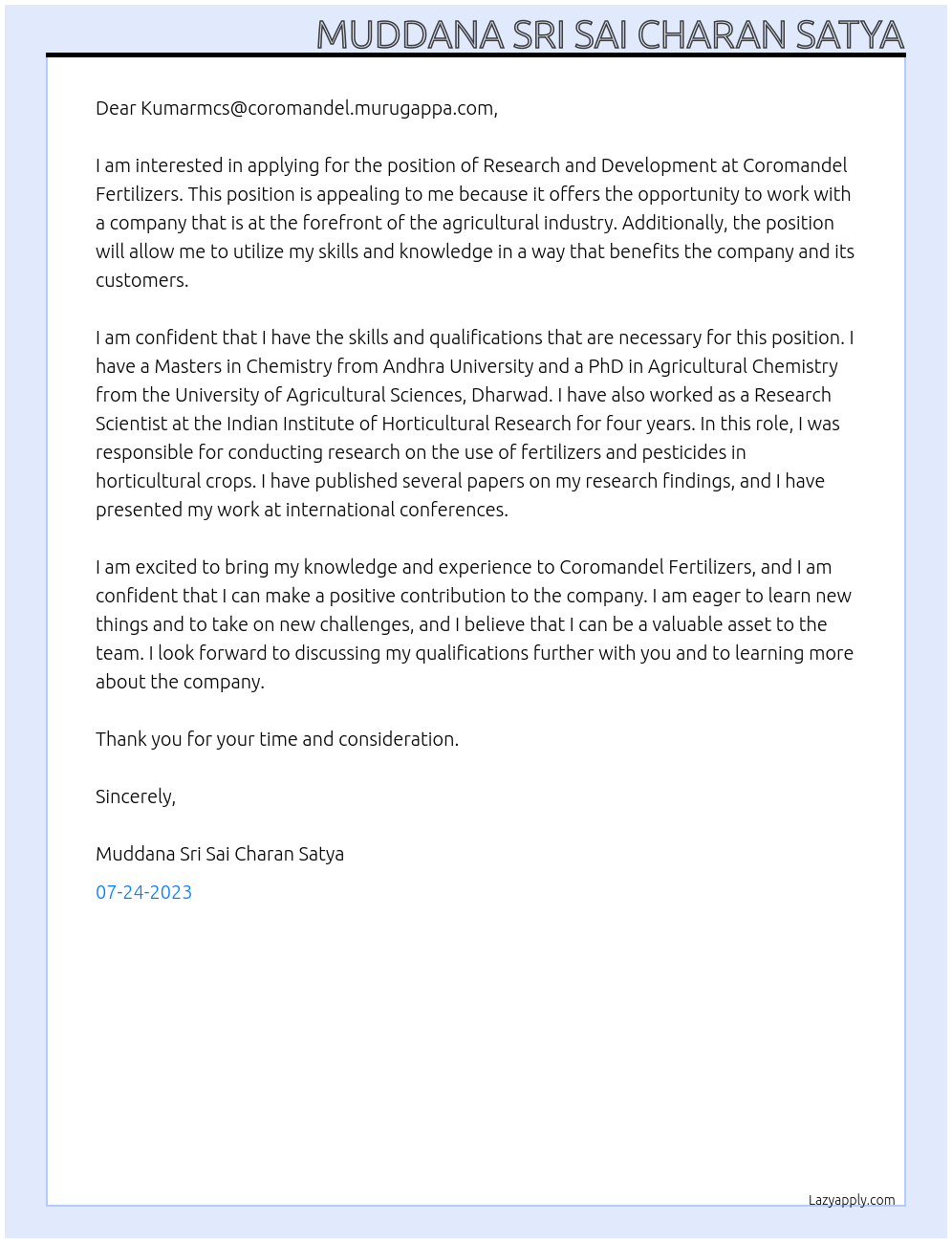 Research and development At Coromandel Fertilizers Cover Letter