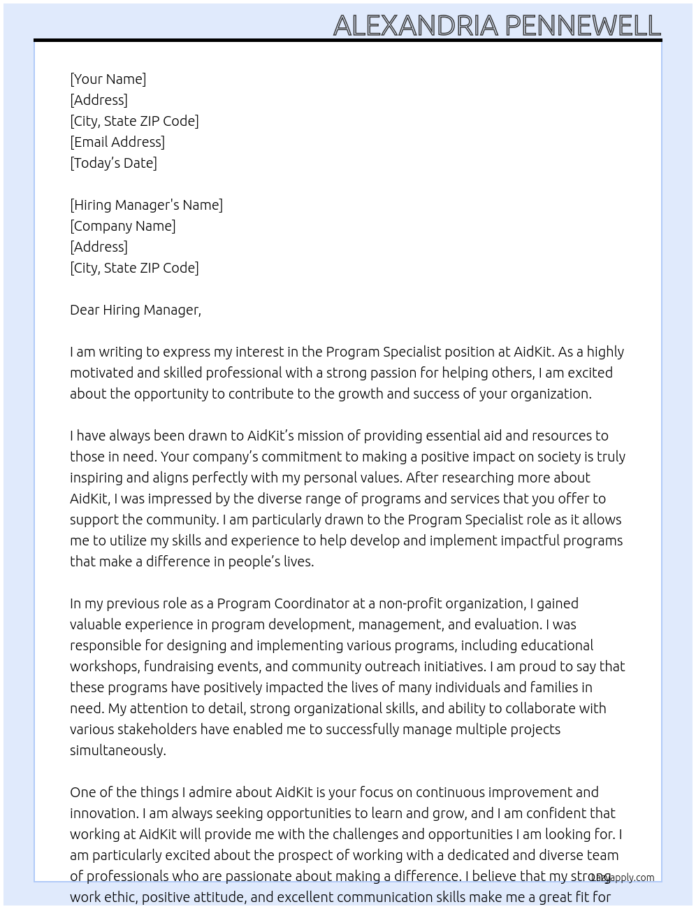 Program Specialist At AidKit Cover Letter