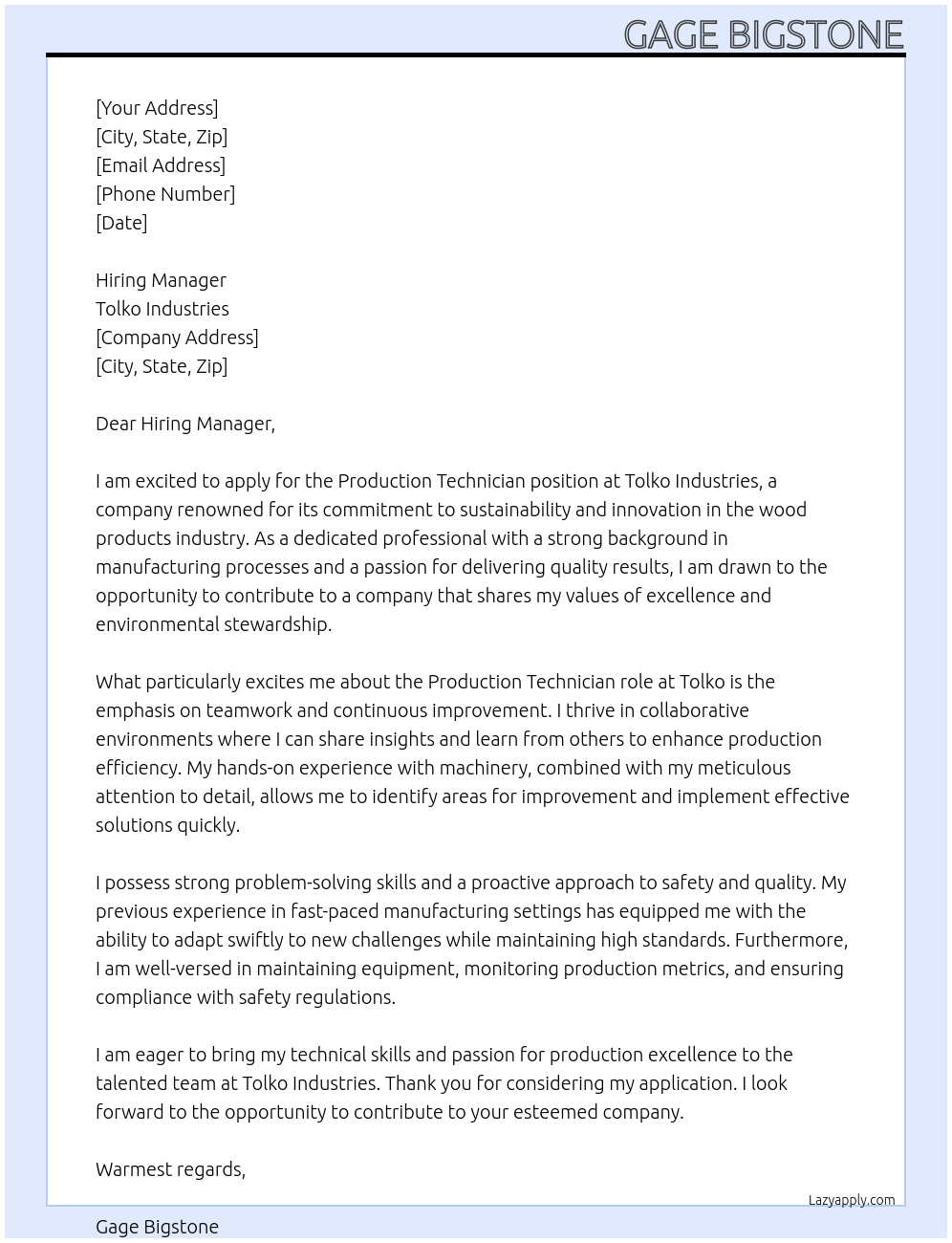 Production Technician At Tolko Industries Cover Letter