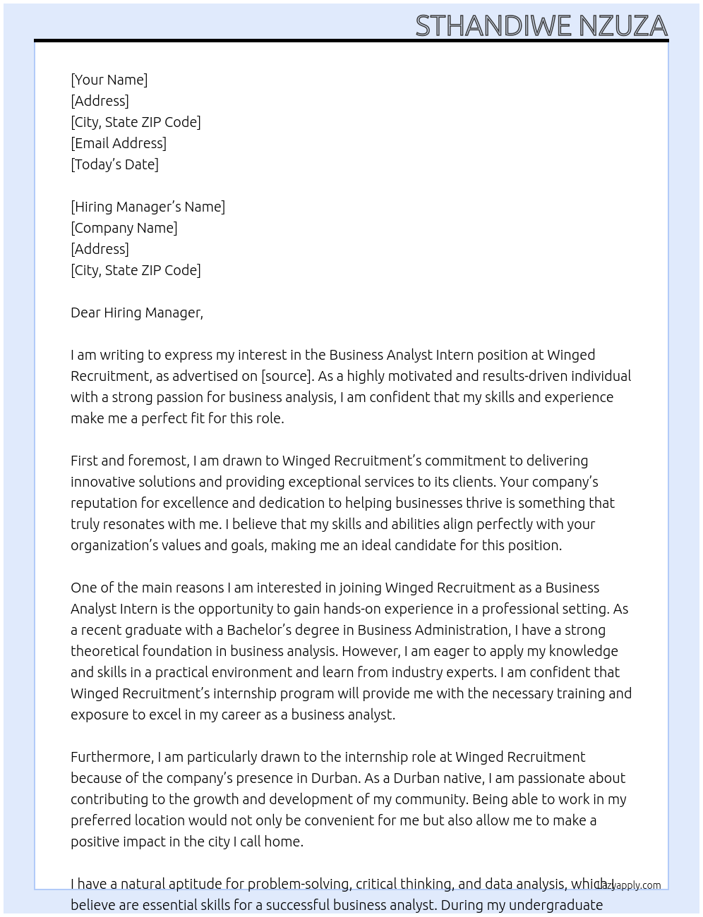 Business Analyst Intern At Winged recruitment Cover Letter