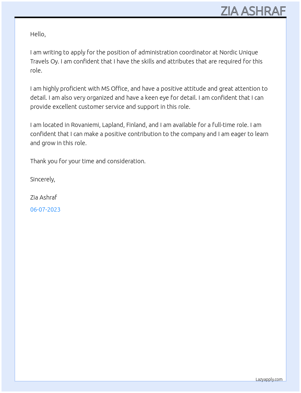 Administration coordinator At Nordic Unique Travels Oy Cover Letter