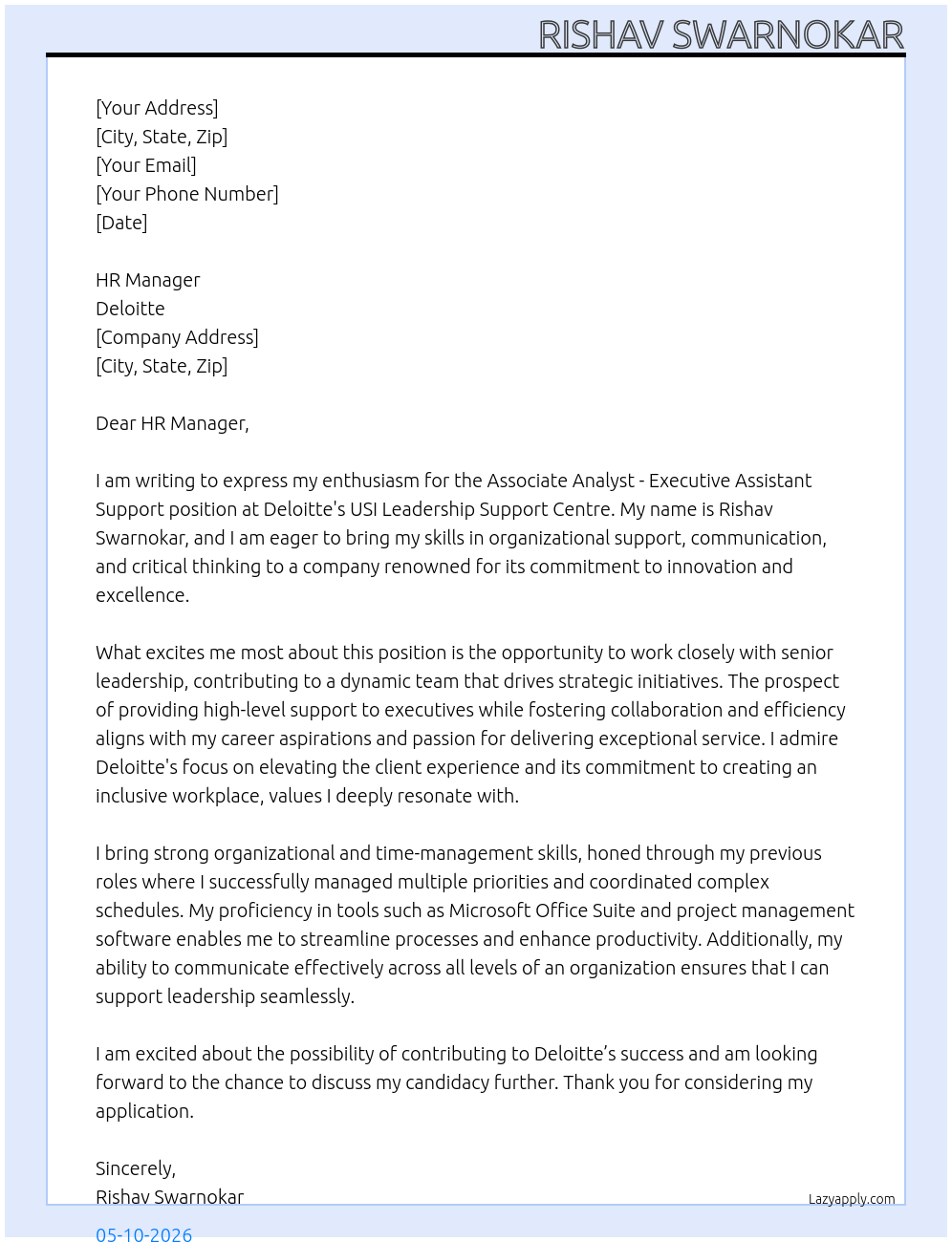 Associate Analyst - Executive Assistant Support - USI Leadership Support Centre position At Deloitte Cover Letter