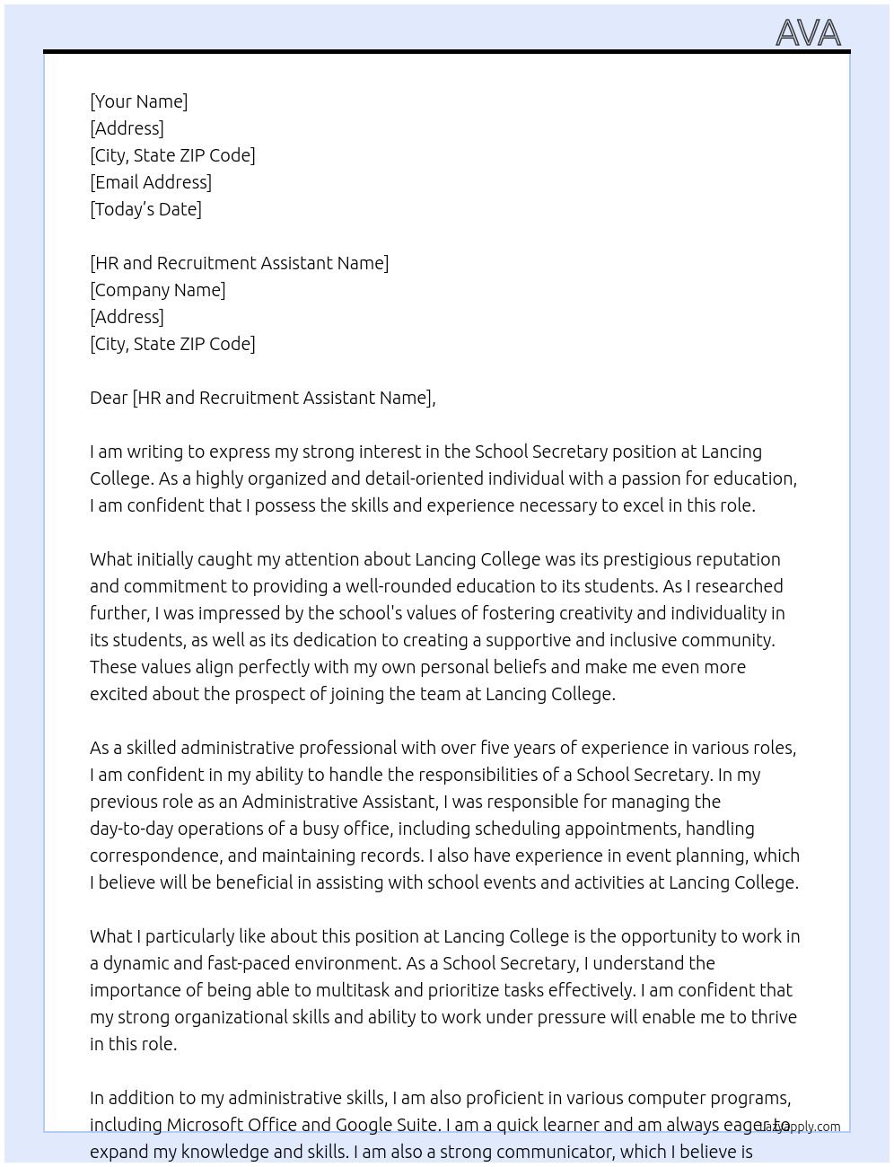 School Secretary At Lancing College Cover Letter