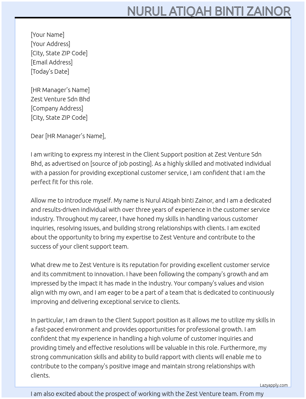 client support At Zest Venture Sdn Bhd Cover Letter