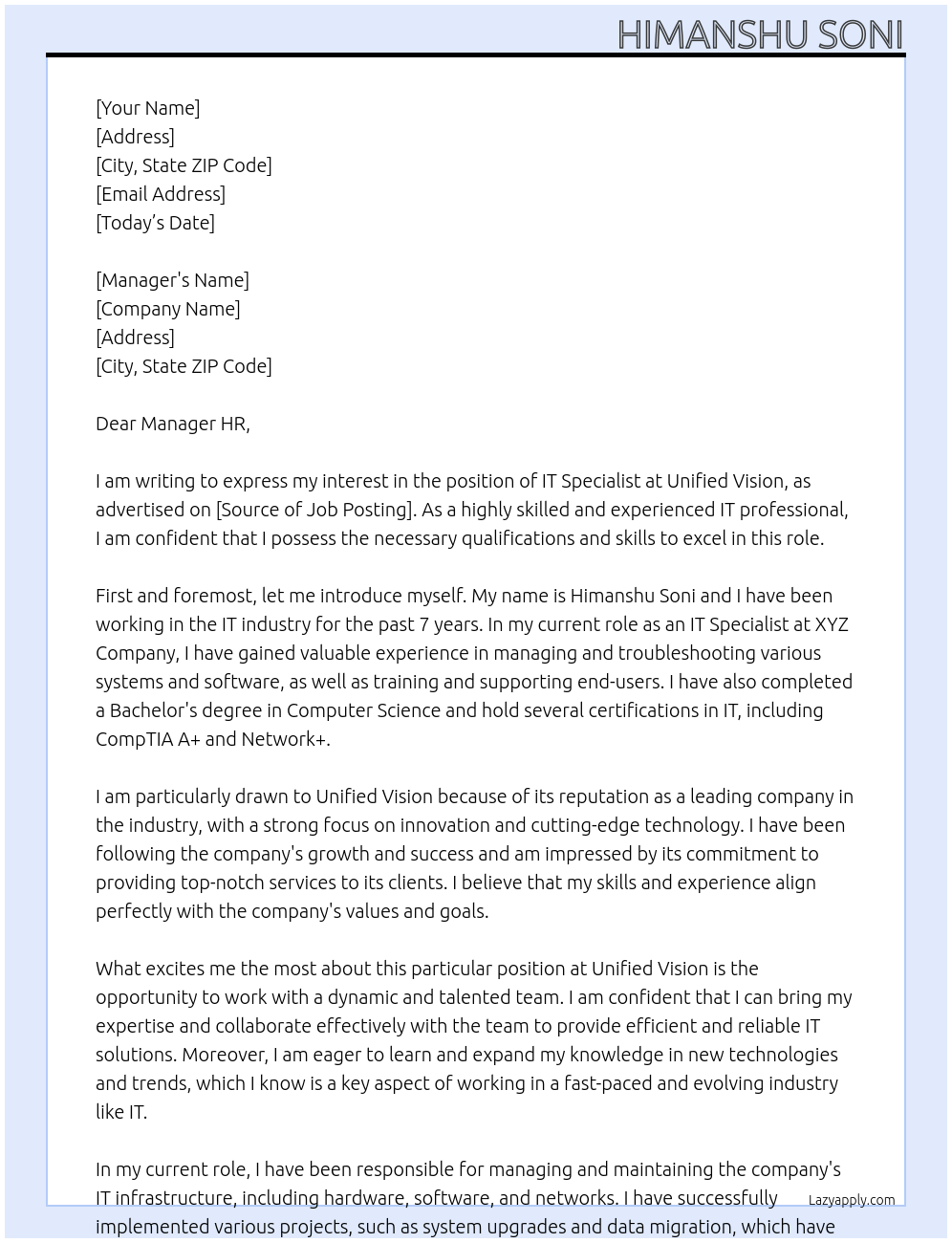 IT Specialist At Unified Vision Cover Letter