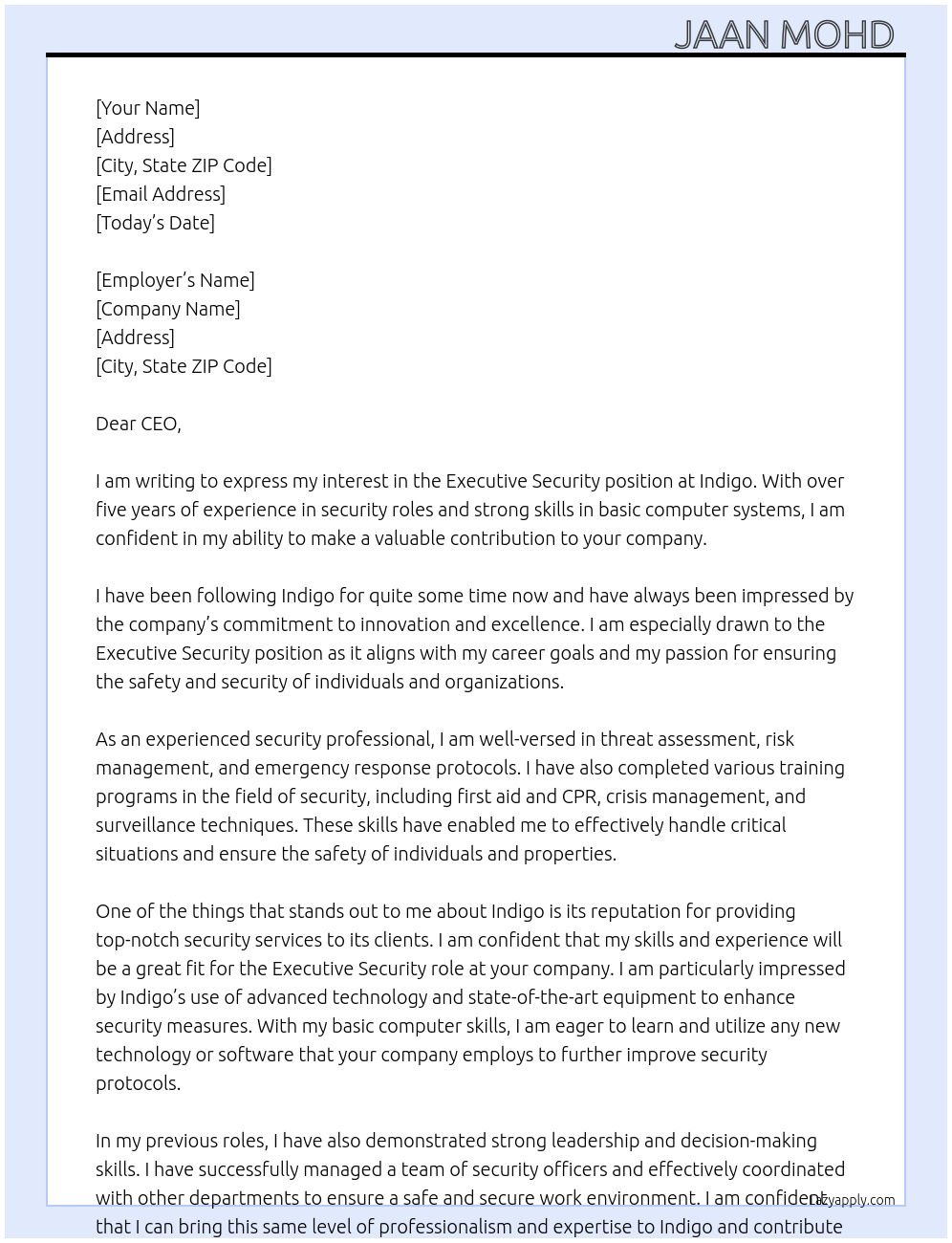 Executive security At Indigo Cover Letter