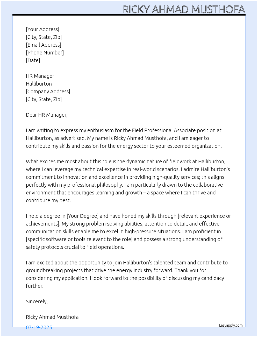 Field Professional Associate At Halliburton Cover Letter