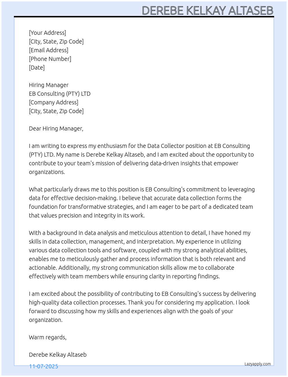 Cover letter for data collector - LazyApply