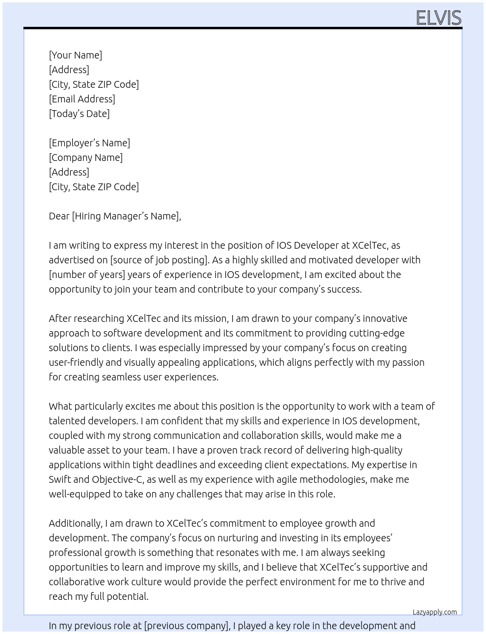 IOS Developer At XCelTec Cover Letter