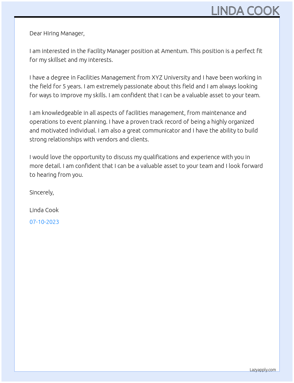 facility manager At Amentum Cover Letter