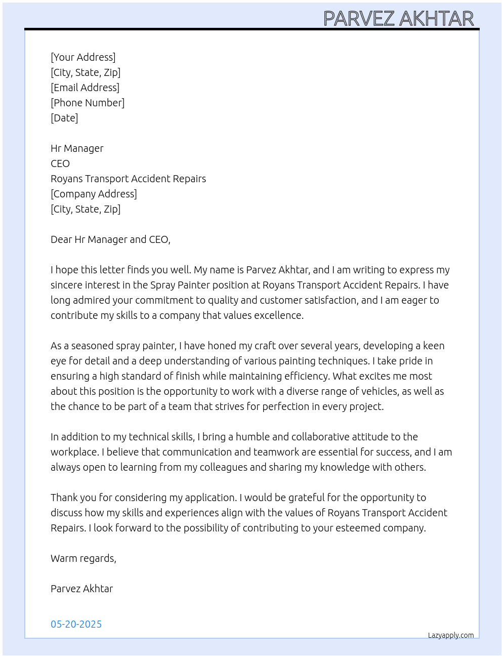 Spray painter At Royans Transport Accident Repairs Cover Letter