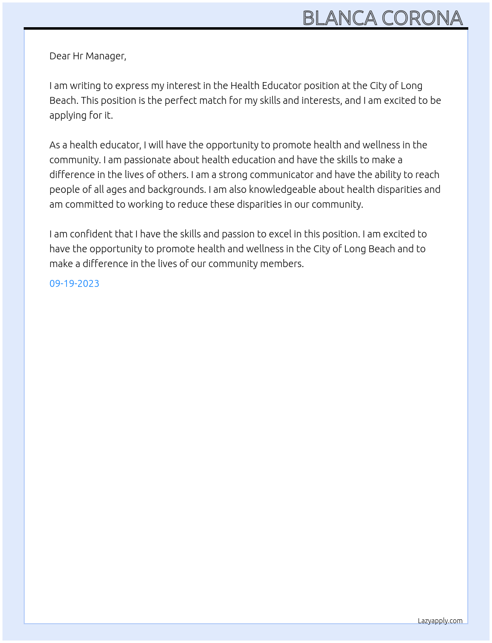 Health Educator  At City of Long Beach  Cover Letter