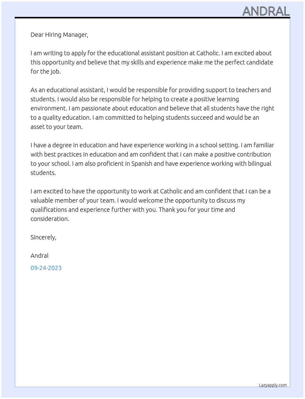 educational assistant At Catholic Cover Letter