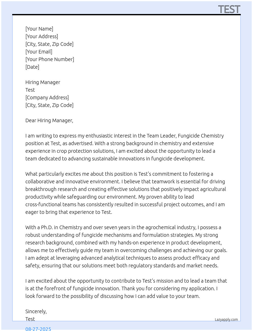 Team leader fungicide chemistry At Test  Cover Letter