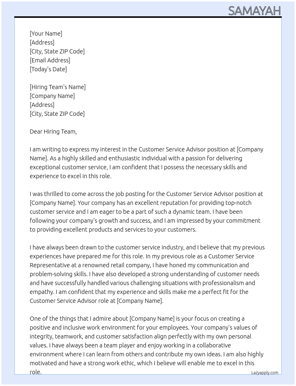 Customer Service Advisor At CBD Cover Letter