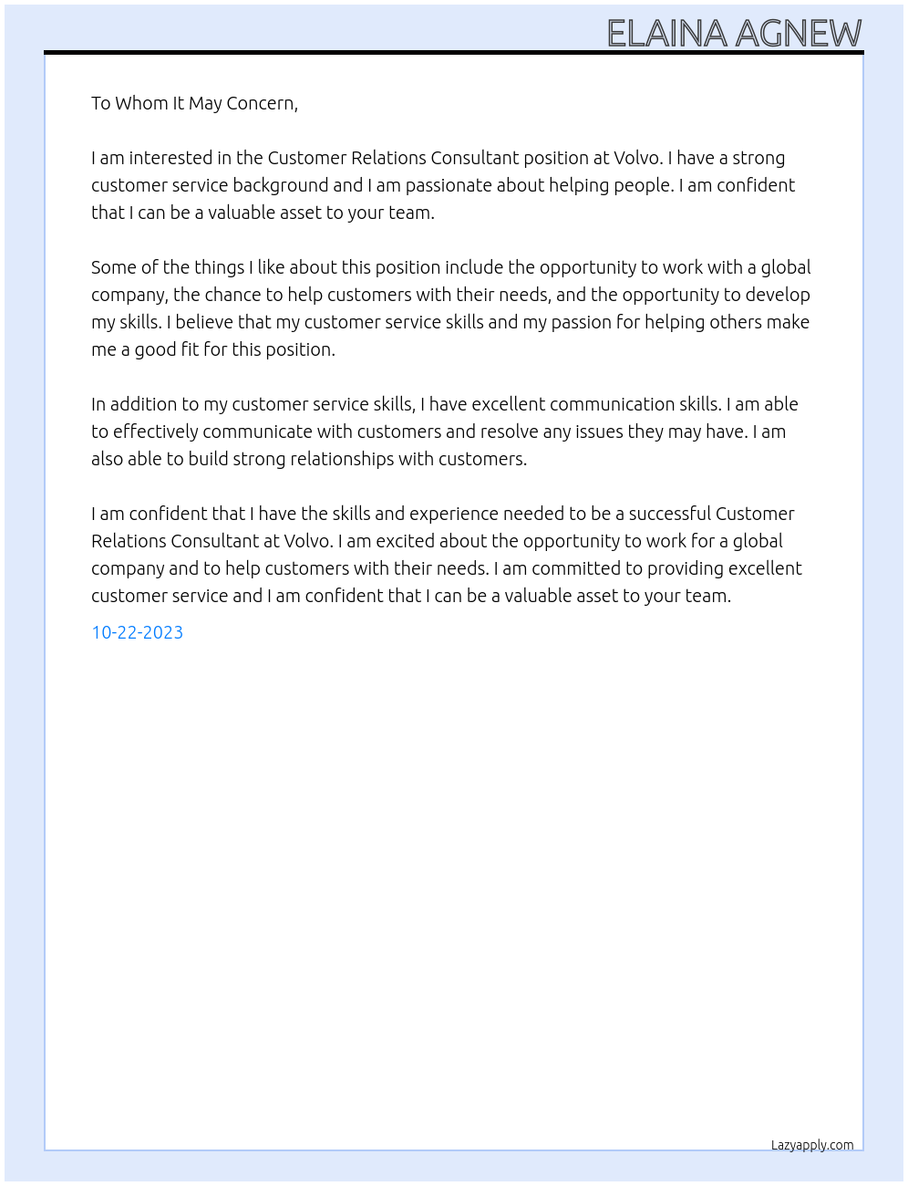 Customer Relations Consultant At Volvo Cover Letter
