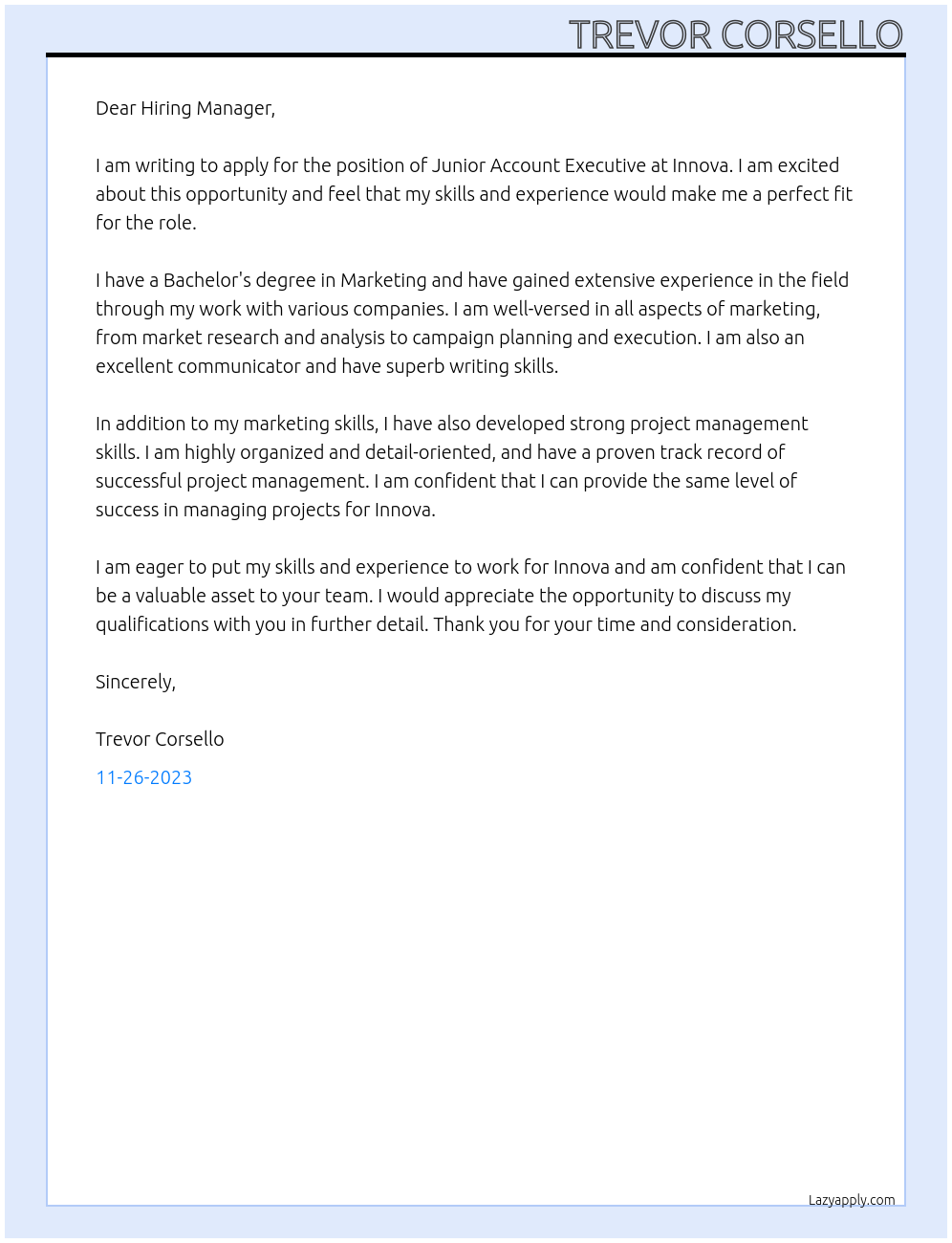 Junior Account Executive At Innova Cover Letter