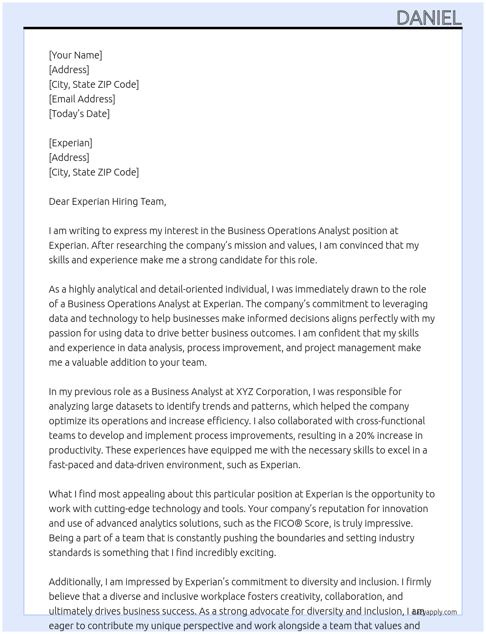 Business operations analyst At Experian Cover Letter