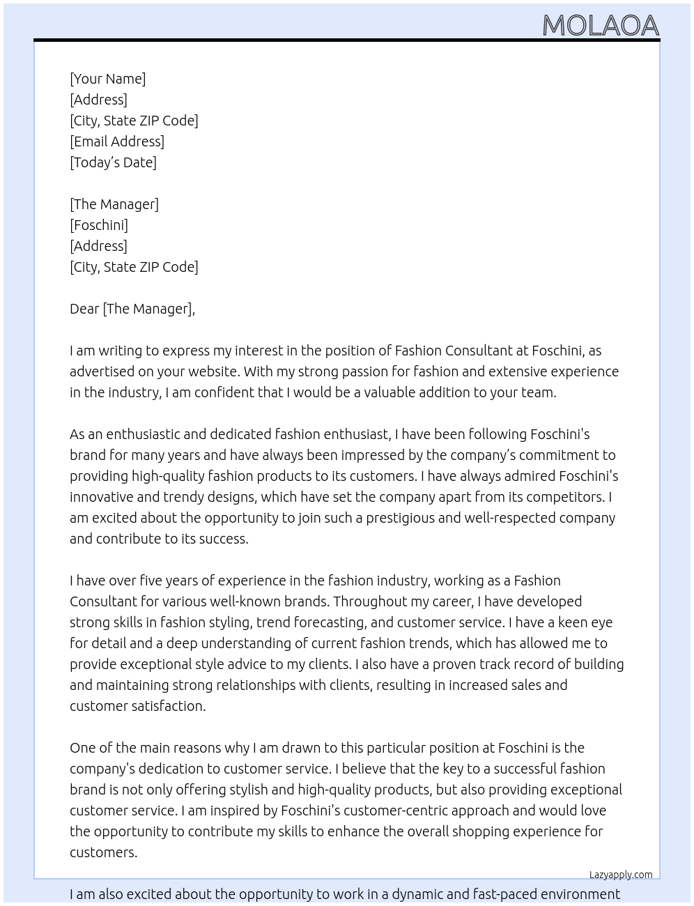 Fashion consultant At Foschini Cover Letter