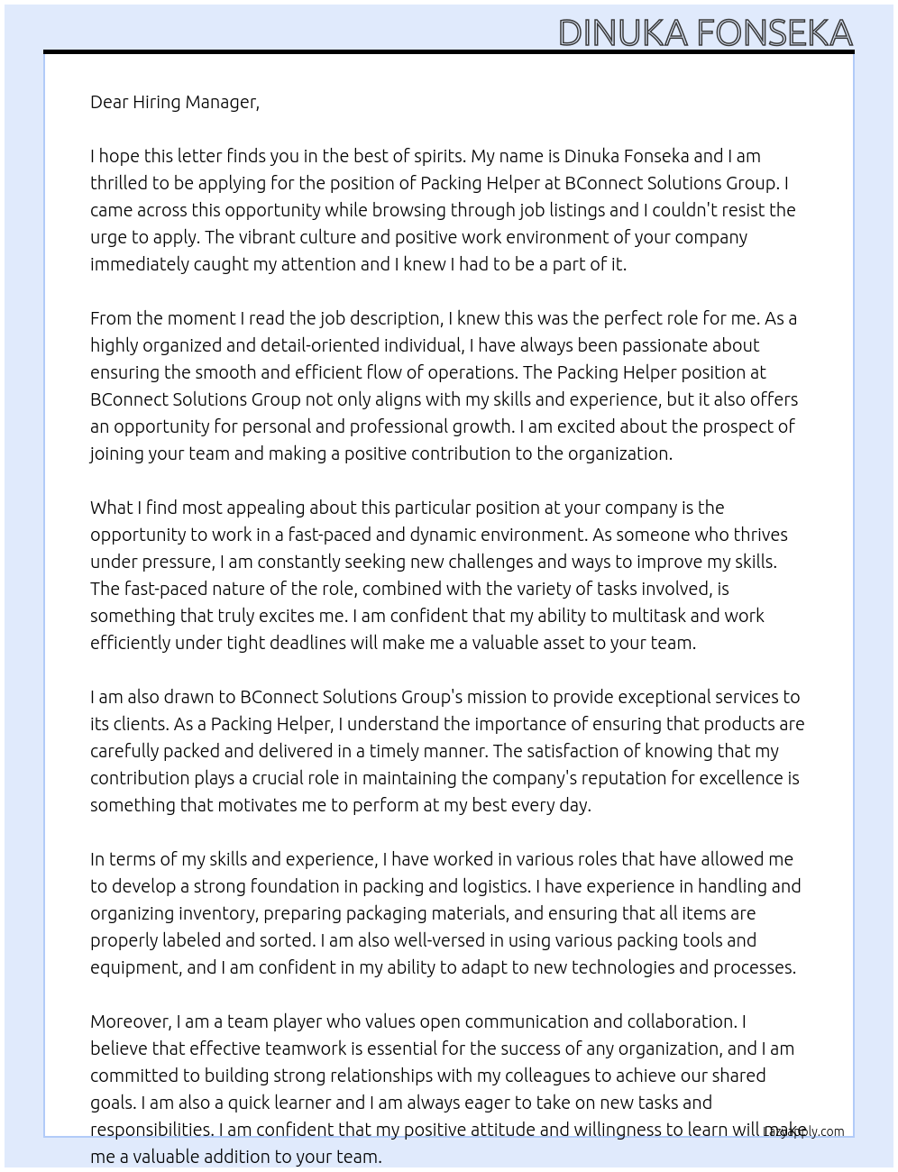Packing Helper At BConnect Solutions Group Cover Letter