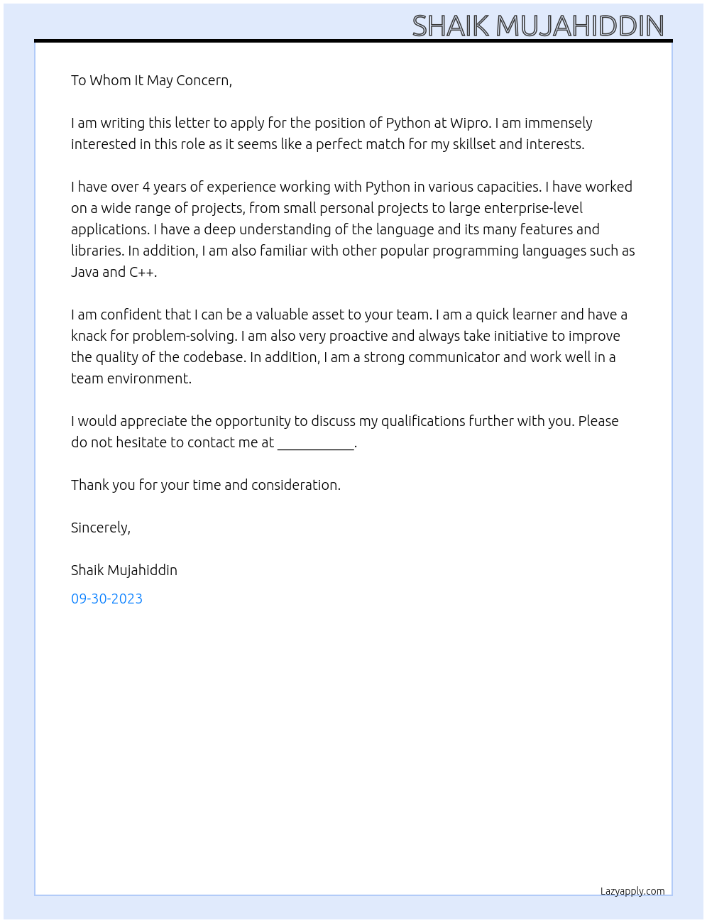 Python At Wipro Cover Letter