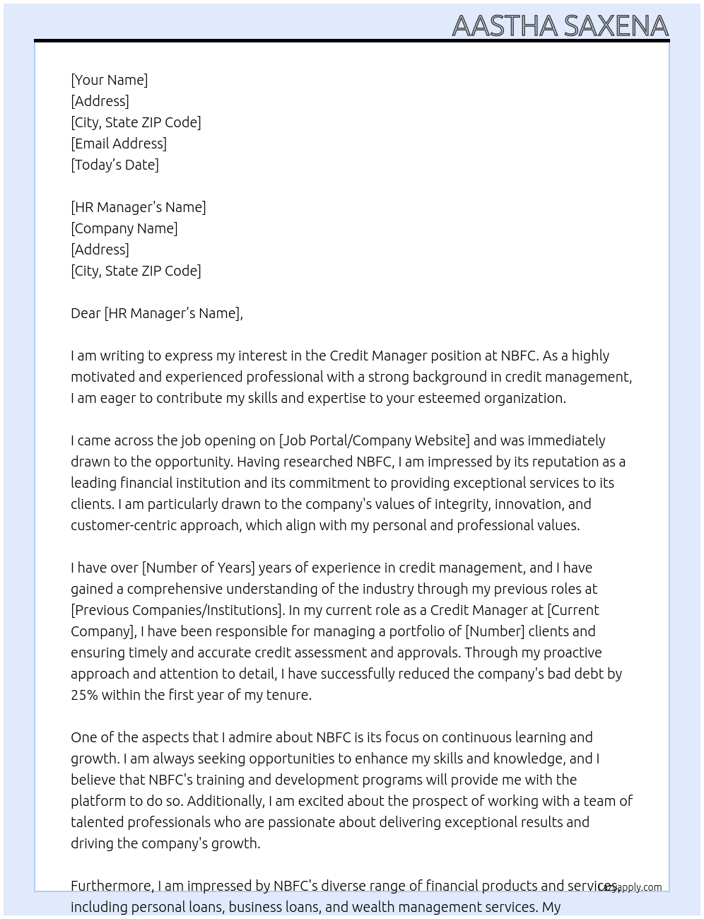 Credit manager At Nbfc Cover Letter