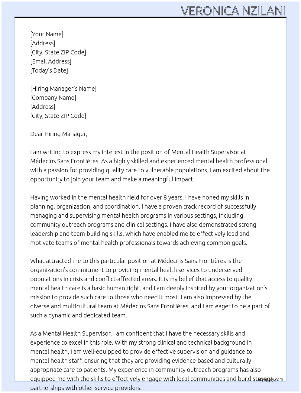 MENTAL HEALTH SUPERVISOR At MEDECINS SANA FRONTIERES Cover Letter