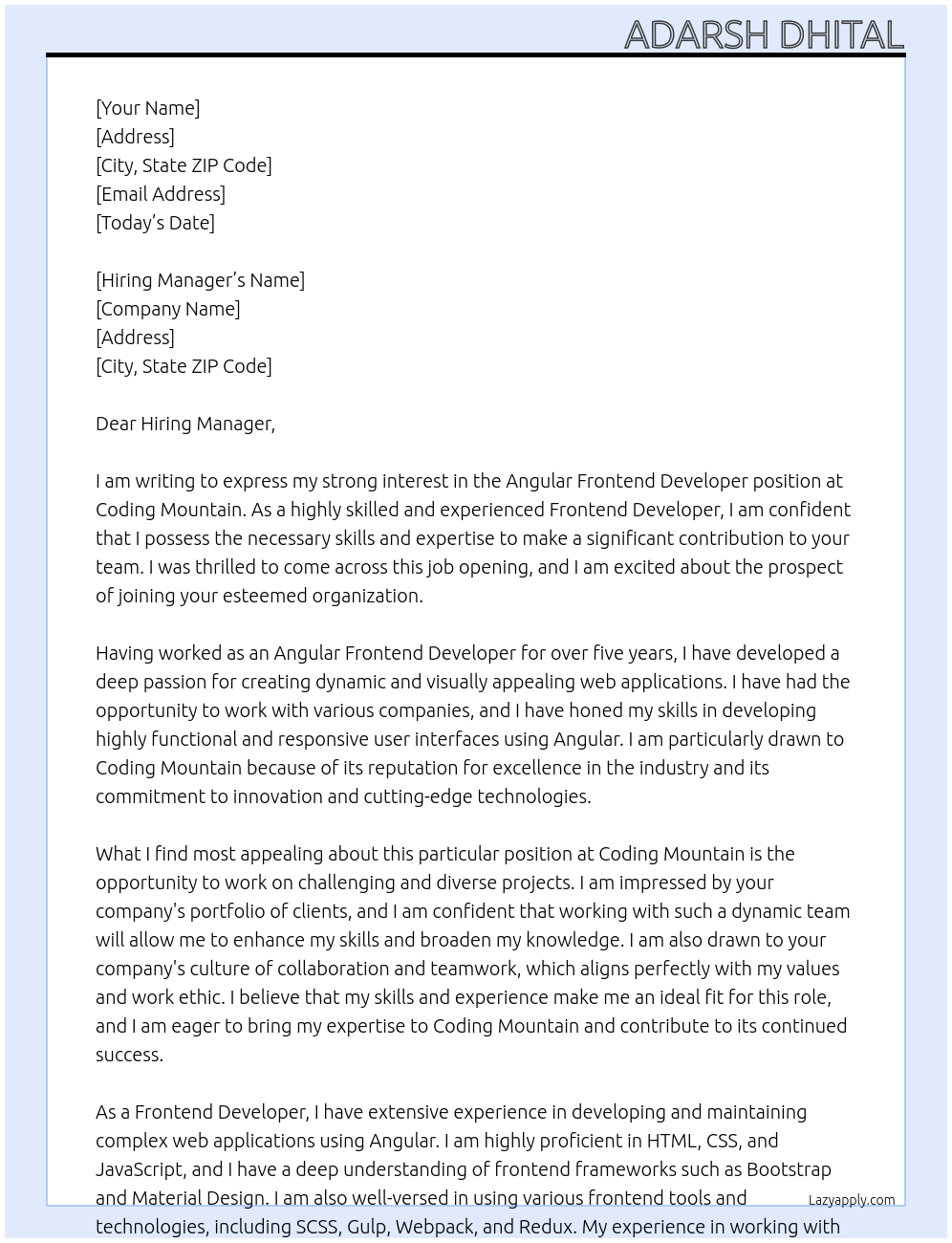 Cover letter for angular frontend developer - LazyApply