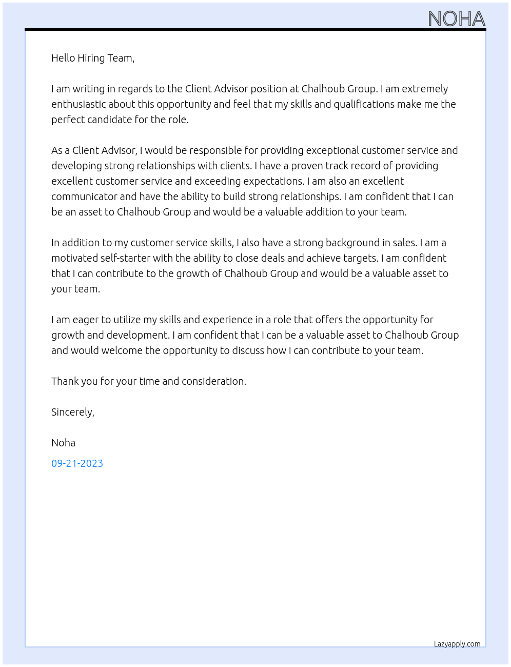 Client advisor At Chalhoub Group Cover Letter