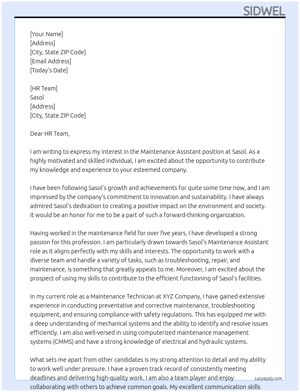 maintenance assistant At Sasol Cover Letter