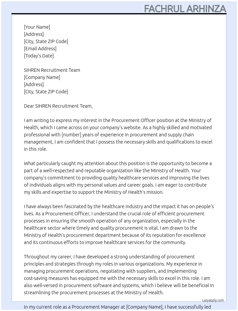 Procurement Officer At Ministry of Health indicating Cover Letter