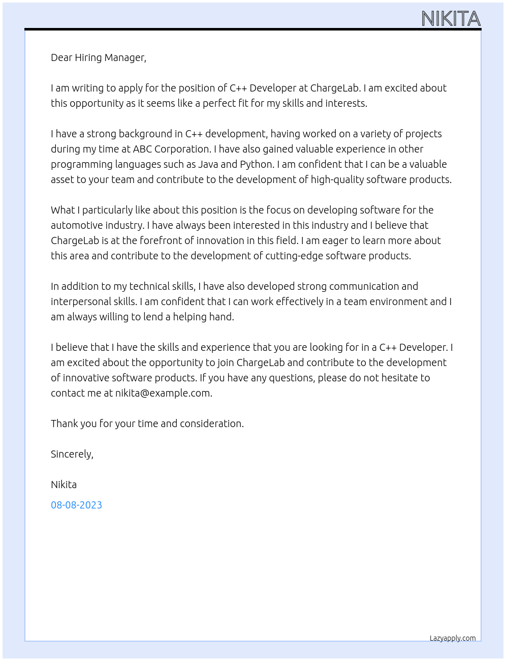 C++ Developer At ChargeLab Cover Letter