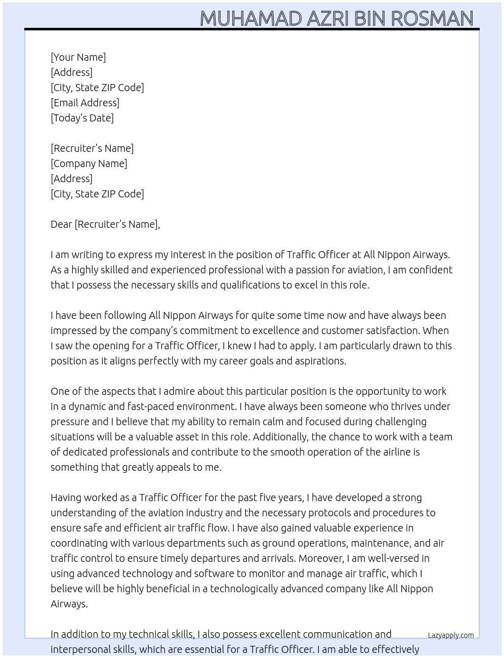 Traffic Officer  At All Nippon Airways  Cover Letter