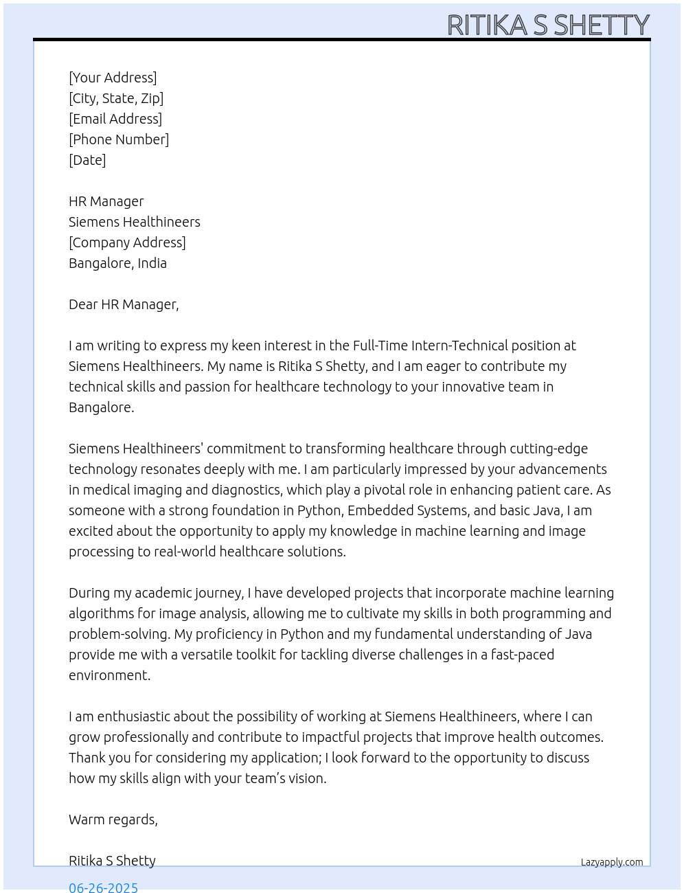 Intern-Technical At Siemens Healthineers Cover Letter